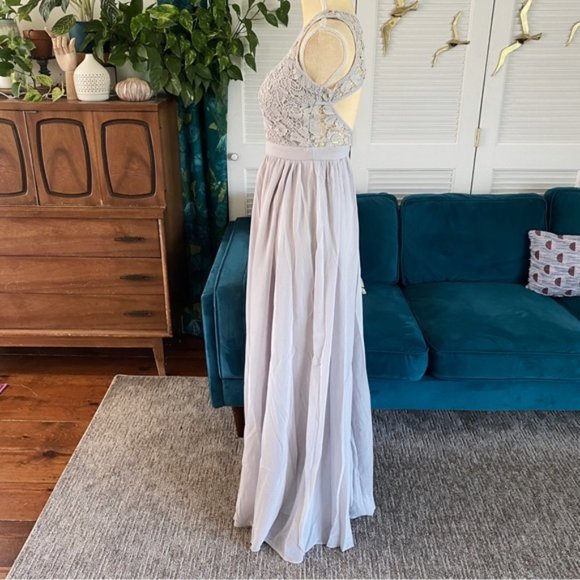 Maniju Lulus Savannah Nights Sleeveless Open Back Gown Maxi Dress Grey Gray New - Picture 6 of 16